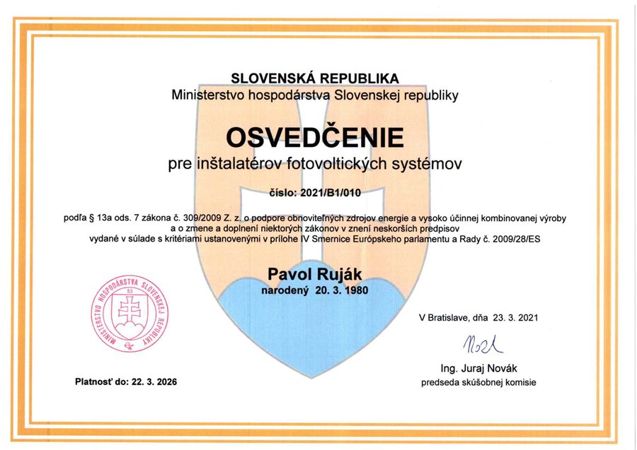 Osvedčenie MH SR - inštalatér FVE