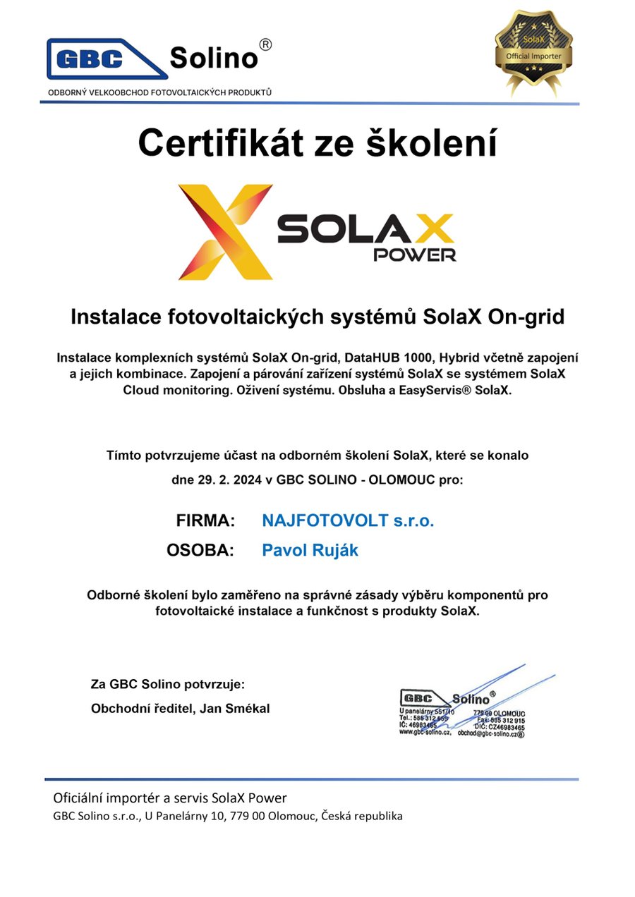 SolaX Power certifikát